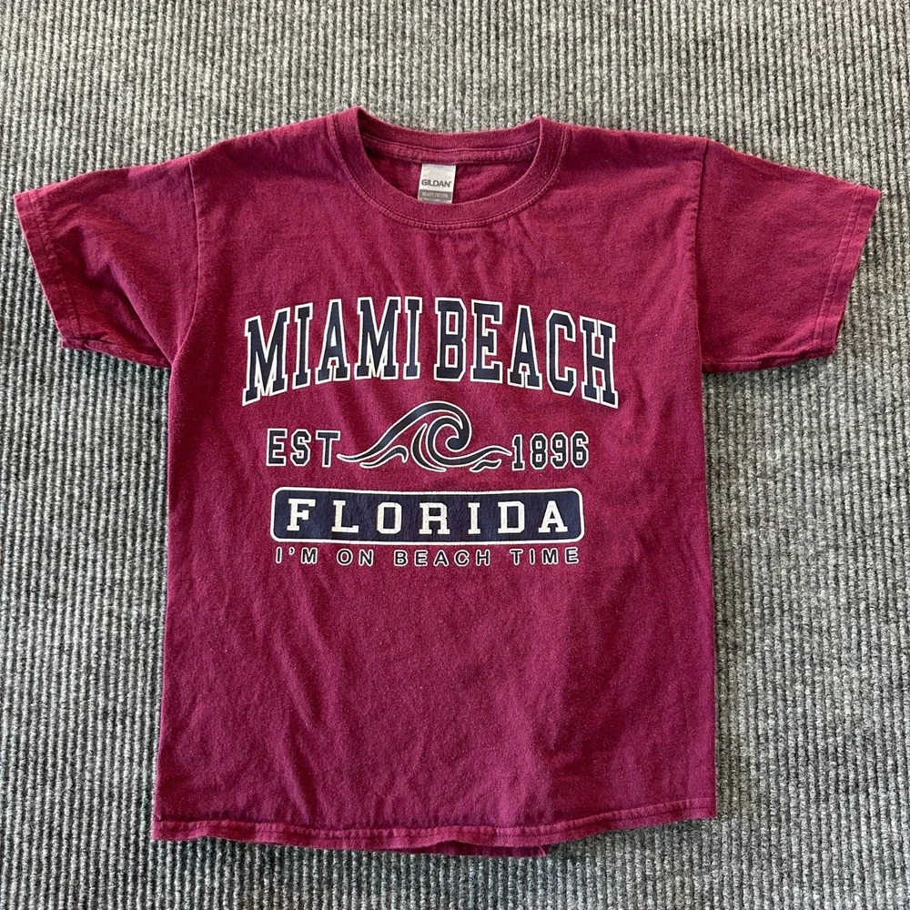 Gildan Miami Beach Florida Wave Graphic T Shirt Youth Small Maroon Souvenir Tee